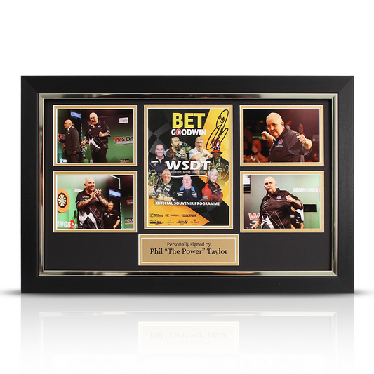 Phil Taylor Signed Framed WSDT Programme Montage